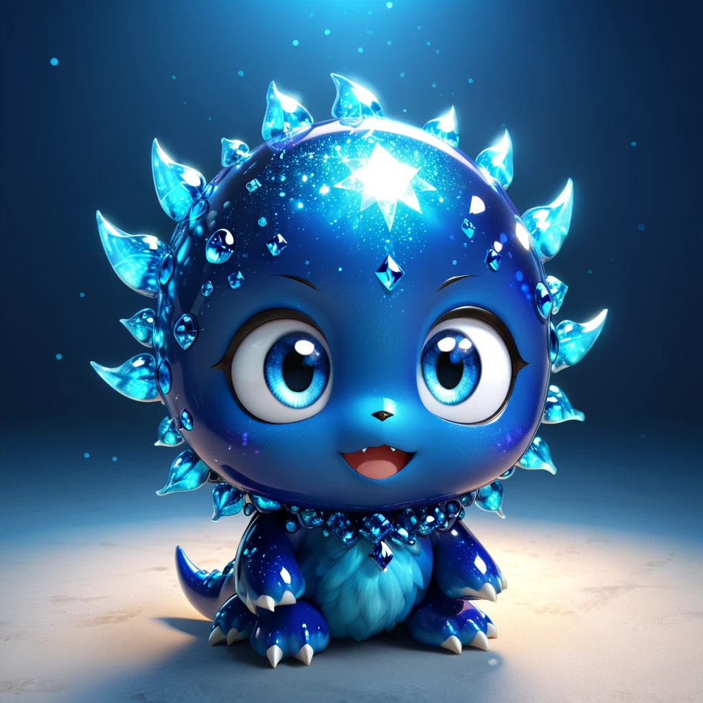 A cute sapphire monster with big sparkling eyes, emanating a calm blue light. This serene and stunning gemstone character is sure to enchant young readers with its gentle and soothing presence. --ar 1:1 --v 6.0 --3D render