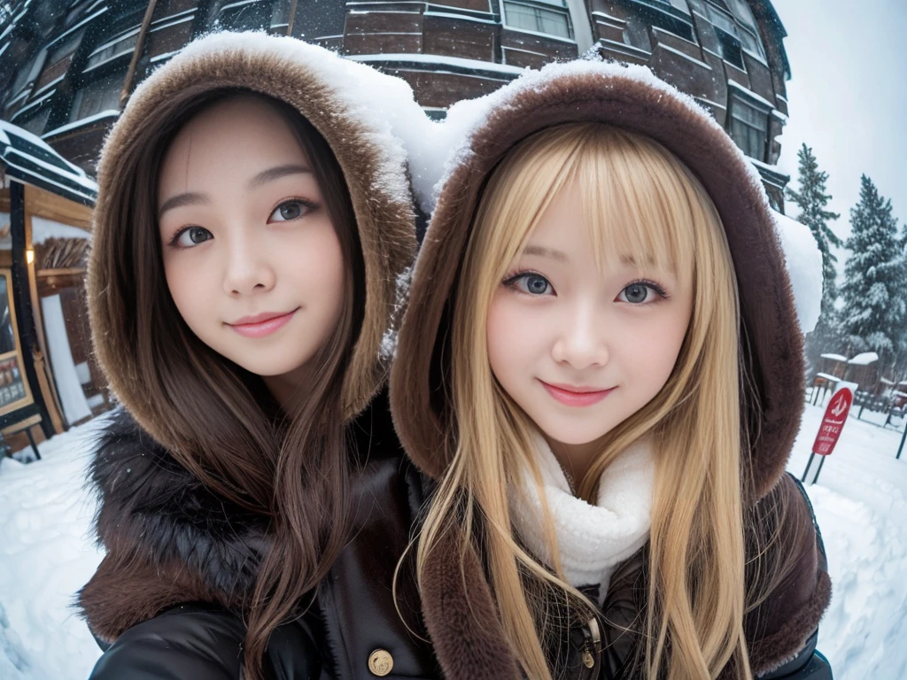 fluffyの毛皮。fluffy、A Russian girl with a fair complexion and a young face。A frontal shot looking directly at the viewer、Smiling。Beautiful women in luxurious furs。Old-fashioned。Fisheye Lens、Fur coat。snow。