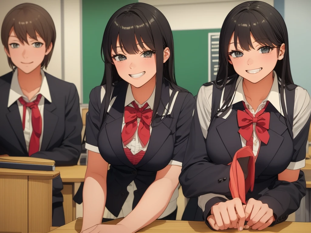 high school girl、Dressed in high 、School classroom、(Big Breasts)、Grinning face、((solo))、smirk