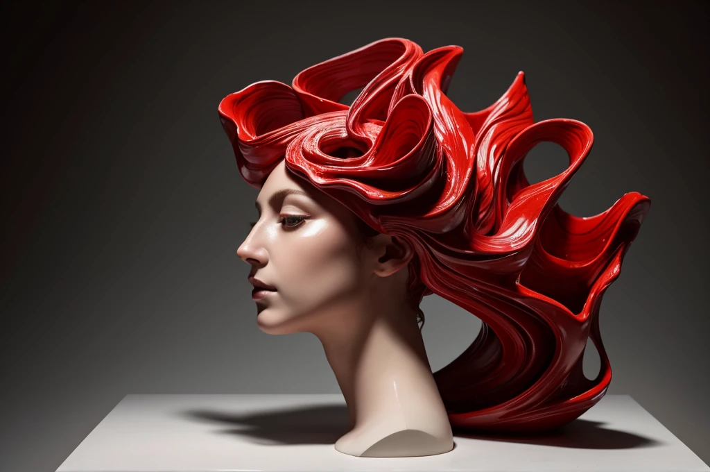 In a shocking contrast of elegance and turmoil, a Renaissance-style fragmented sculpture of an abstract form is depicted in porcelain slowly dissolving into red dark jelly. This captivating image portrays contorted in pain as the materials shift and blend. The high-quality photograph showcases the intricate details of the sculpture, from the delicate curves of her face to the flowing lines of her gown. The vibrant colors and striking imagery evoke a sense of deep emotion and artistic skill, drawing viewers into the gripping narrative of suffering and transformation.