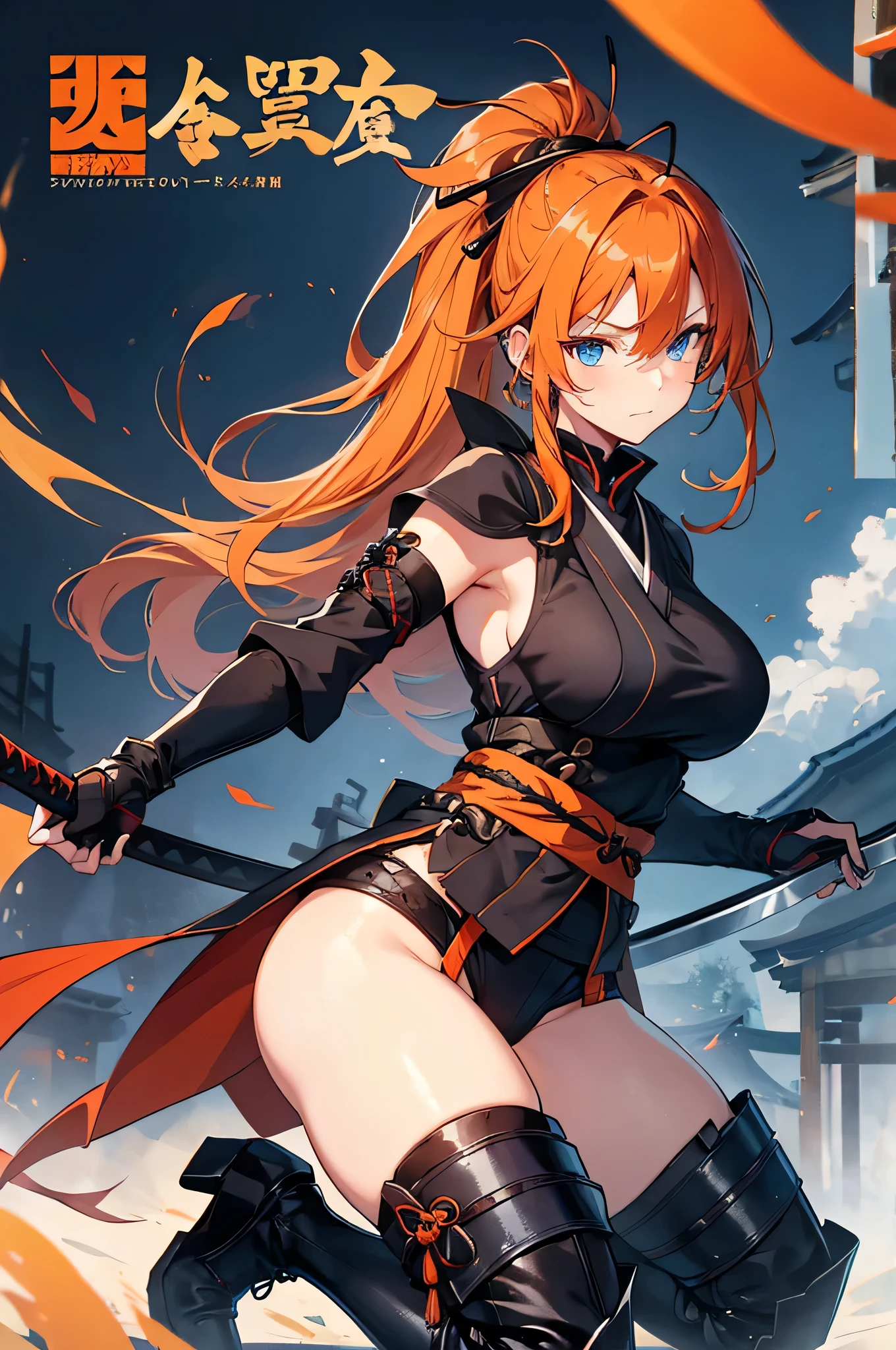 4k,High resolution,One Woman,Orange Hair,Long Ponytail,Blue Eyes,Big Breasts,samurai,Black samurai dress,Sleeveless,Black gloves,Black boots,hair band,Japanese sword,Medieval town