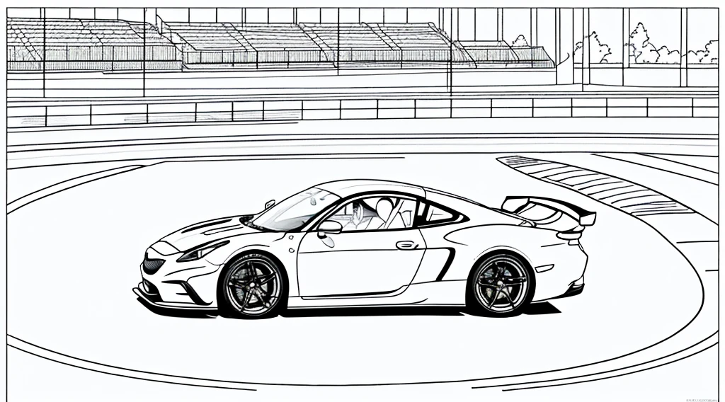 Coloring book page, beautifully drawn, black and white, car racing on a track, simple line, illustration, ink drawing, very prominent thick outlines, clean lines, line drawing, clipart. A car is moving along the road, another one is catching up behind it. In the background - stands and scoreboard.