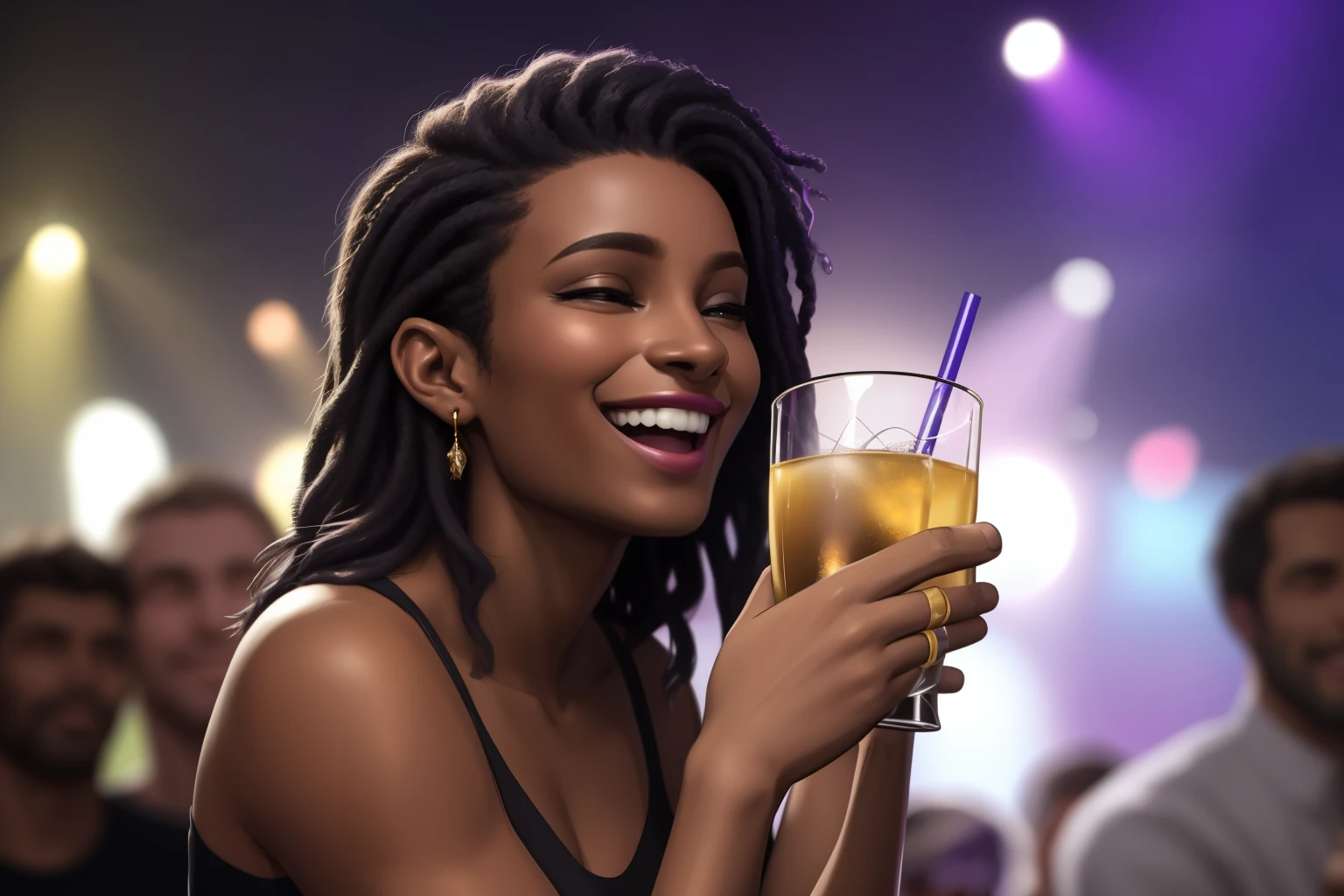 African American girl with dreadlocks drinking a cocktail