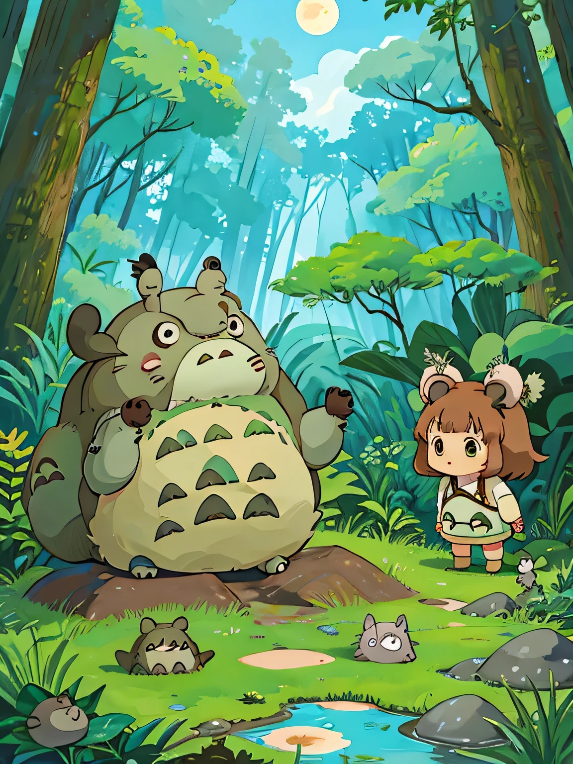 Hayao Miyazaki style、Kawaii Design, ((most beautiful girl ever))、Chibi, (((expedition)))、((Mammoth)), (((primitive times))), Pikachu, (((Totoro))), Lunar Surface, Colorful and cute pillbugs