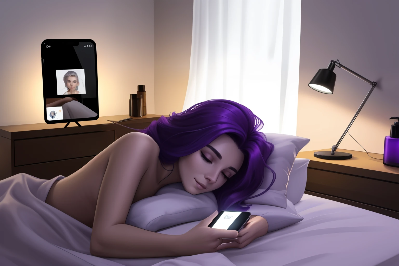 criar um Imagem Uma jovem mulher com  Cabelo Liso e solto, metade roxo e metade preto em um quarto luxuoso, filled with modern decor and expensive equipment. She is lying on a king-size bed with silk sheets, cercada por almofadas. The room is softly lit by colorful LED lights.. She is using a smartphone, with multiple social media notifications visible. No fundo, there is a dressing table full of beauty products and accessories.