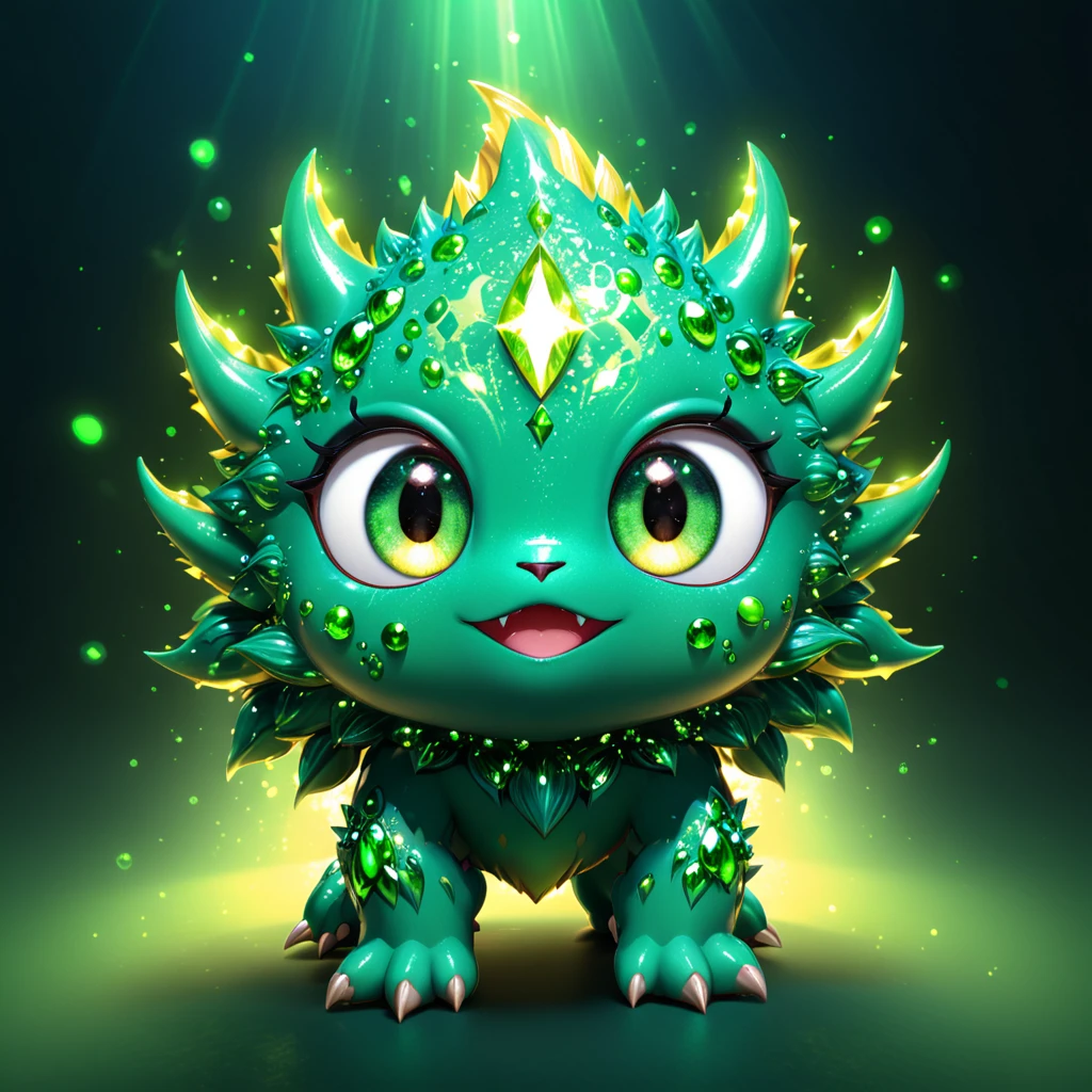 A cute emerald monster with big sparkling eyes, emitting a brilliant green light. This luminous and captivating gemstone is perfect for a storybook, with its lively and enchanting personality. --ar 1:1 --v 6.0 --3D render