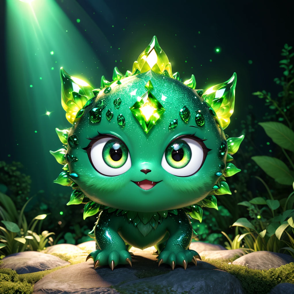 A cute emerald monster with big sparkling eyes, emitting a brilliant green light. This luminous and captivating gemstone is perfect for a storybook, with its lively and enchanting personality. --ar 1:1 --v 6.0 --3D render
