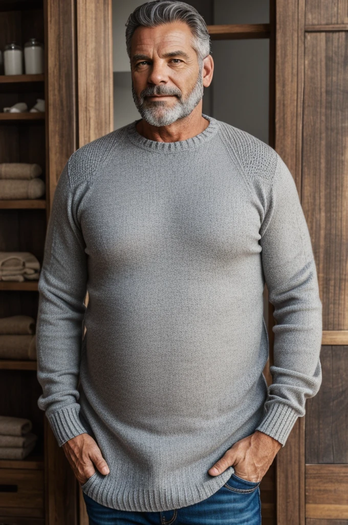 Homme ,gros, 50 ans , pull gris calvitie