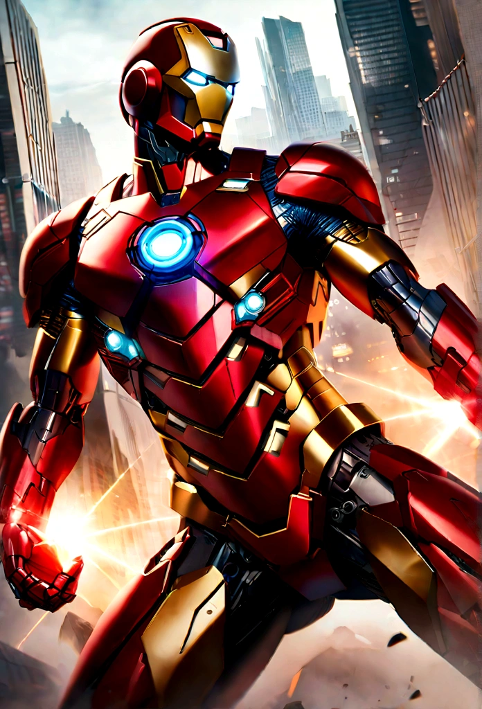 "A highly detailed and ultra-realistic depiction of Iron Man, the iconic superhero in his red and gold armor. The image showcases his advanced, high-tech suit with glowing blue arc reactor in the chest, intricate mechanical details, and sleek, polished metal surfaces. Iron Man is in a dynamic, action-packed pose, with repulsor beams ready to fire from his palms. The background features a futuristic cityscape with skyscrapers and advanced technology, creating an epic and cinematic atmosphere. High-quality, 8K resolution, capturing every detail and reflecting the power and innovation of the Marvel superhero."