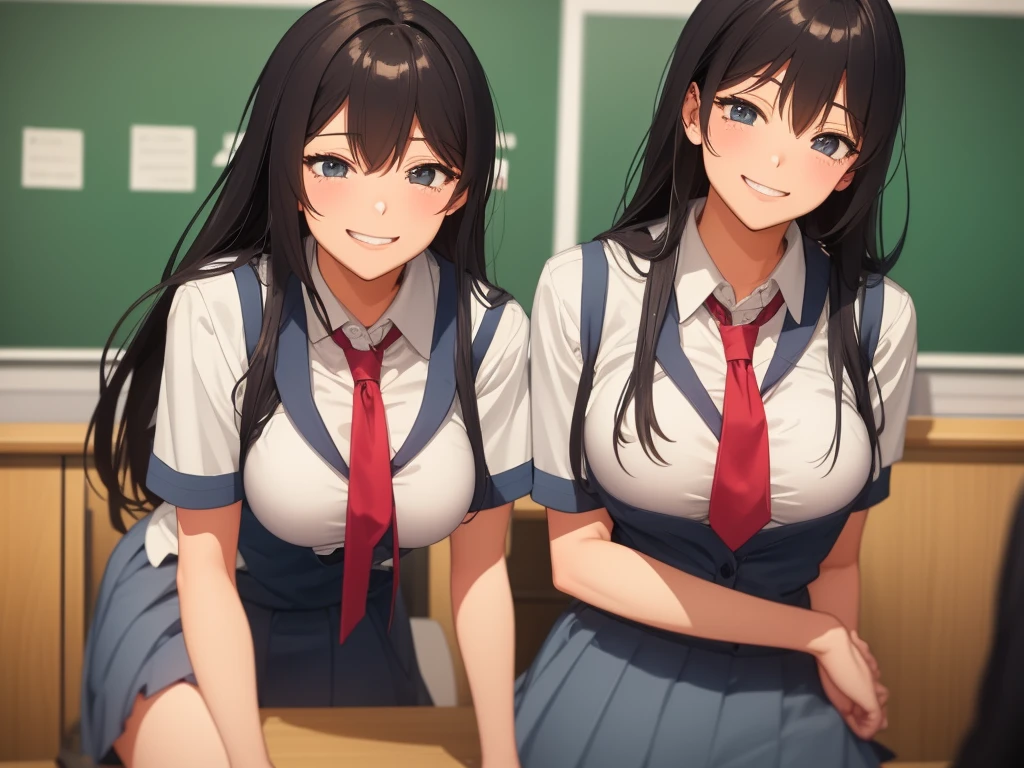 high school girl、Dressed in high 、School classroom、(Big Breasts)、Grinning face、(solo)、