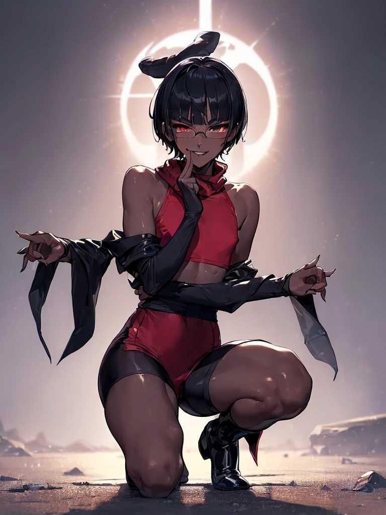 (flat chest), (masterpiece:1.2), highest quality, High resolution, unity 8k wallpaper, (fine and beautiful eyes:1.6), highly detailed face, perfect lighting, Detailed CG, (perfect hands, perfect anatomy), (1 boy solo:1.4), 20 years old,( black hair:1.3), extremely beautiful detailfeminine face and eyes, (evil smile:1.4), detailed eyes, best quality,( dark skin:1.8), extremely detailed, very precise detailed,(glasses:1.3), blunt bangs, open mouth, (very short pixie cut:1.2), (geta:1.2),(fingerless gloves:1.5), smile, half closed eyes,long sidelocks,(long red Scarf:1.3),(sleeveless yukata),(on one knee:1.5) ,(own hands clasped:1.8), (spread legs:1.2),(kuji-in:1.5),