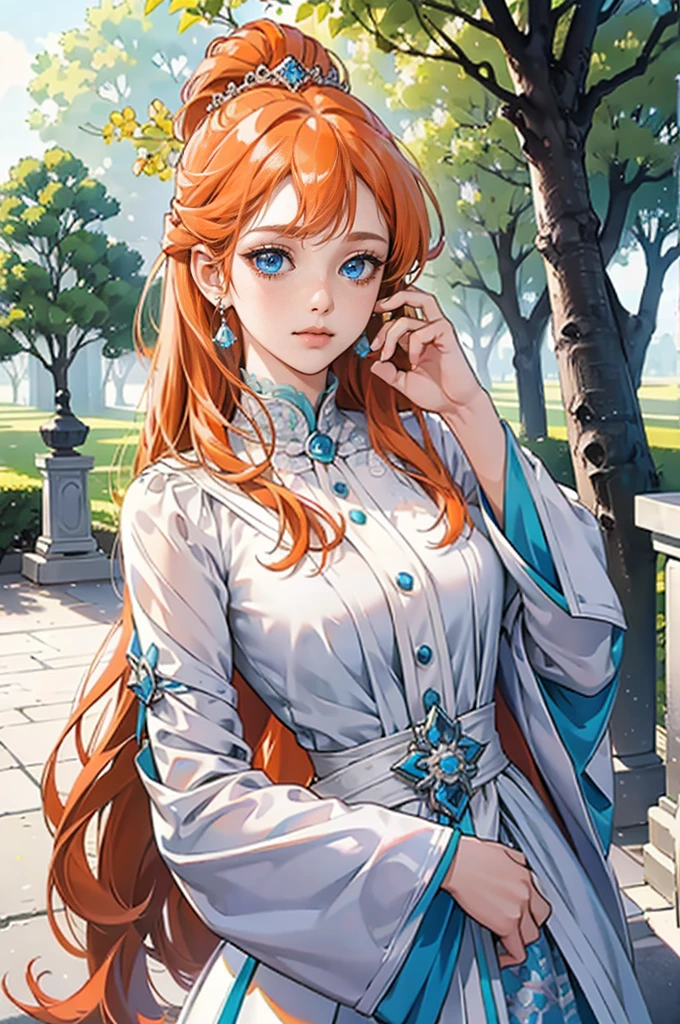 (masterpiece, high resolution, Ultra-detailed:1.0), (1W, adult women), perfect female body,eyes look at the camera, (princess:1.3), delicate eyes and delicate face, very detailed CG, unity 8k wallpaper, intricate details, Solo person, detailed face, (white royal costume, with long orange hair, blue eyes, Glad look), outdoor, Sonoko, Flowers and trees, marble column, color difference, depth of field, dramatic shadows, ray tracing, best quality, portrait