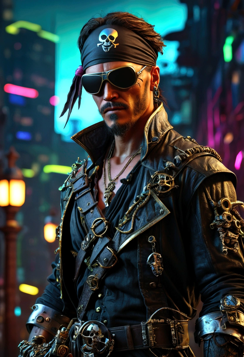 cyberpunk style, bio mechanical pirate, cybernetic arms and mantis blade, ((wearing a pirate styled eye patch)), highly detailed, hyperrealistic, intricate, sharp focus, 8k, masterpiece, photorealistic, chiaroscuro lighting, dramatic lighting, neon lights, glowing cybernetic implants, futuristic cityscape background, moody color palette, deep shadows
