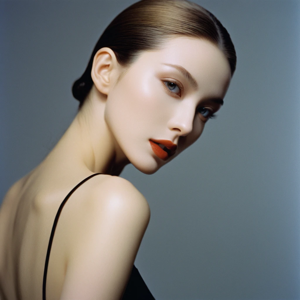 Photograph by Serge Lutens (1.8), pale skin, evil slavic woman, long dark blond hair, in profile, wide angle dim atmosphere, stunning, modern, dark, clean, artsy indoor surrounding, casting a dreamlike atmosphere eyes reflect some light, Shiseido-style Vogue-Style 1990s style and setting Various gentle half body poses and angles Consistent facial and body features Photorealistic and highly detailed Artistic and evocative High-quality finish Ensuring vibrant, detailed features Technical details: wide angle lens Selective focus with Kodak film effect: 1.2 Shallow depths of field