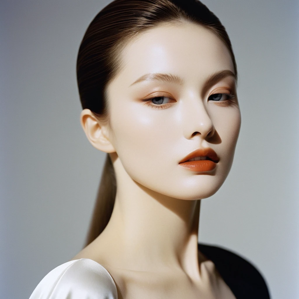 Photograph by Serge Lutens (1.8), pale skin, evil slavic woman, long dark blond hair, in profile, wide angle dim atmosphere, stunning, modern, dark, clean, artsy indoor surrounding, casting a dreamlike atmosphere eyes reflect some light, Shiseido-style Vogue-Style 1990s style and setting Various gentle half body poses and angles Consistent facial and body features Photorealistic and highly detailed Artistic and evocative High-quality finish Ensuring vibrant, detailed features Technical details: wide angle lens Selective focus with Kodak film effect: 1.2 Shallow depths of field