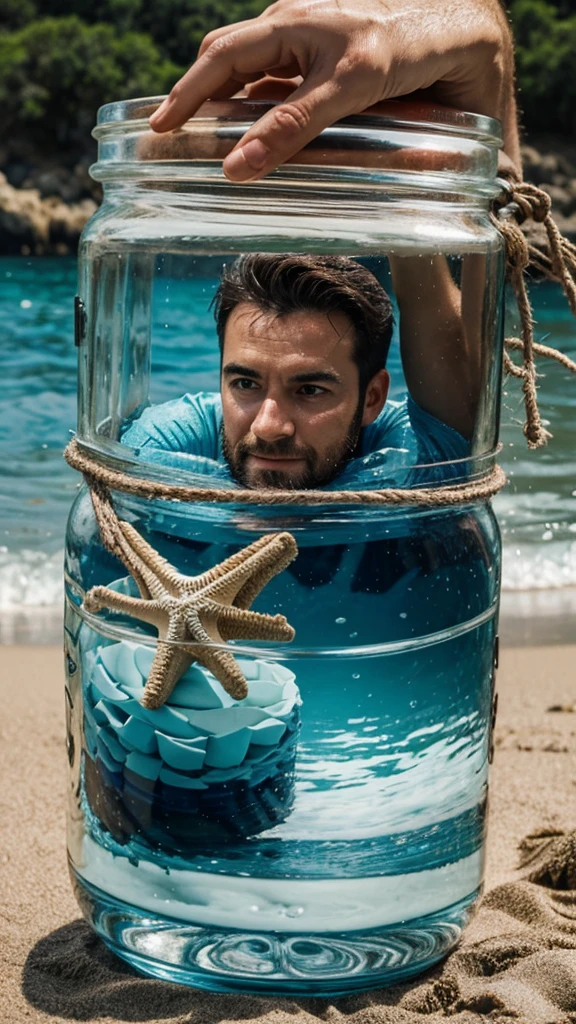 Believe me a man in the sea hugging a jar
