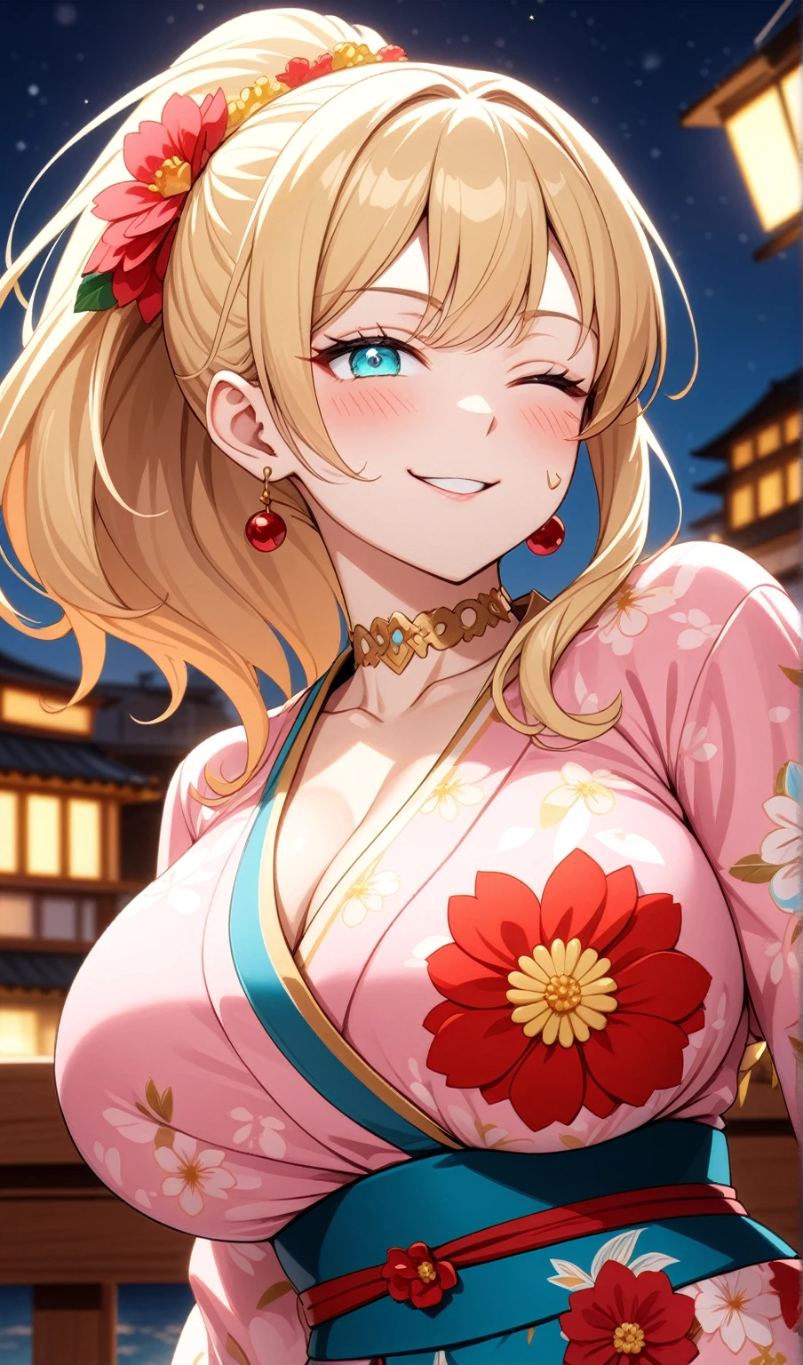 One personの女性)), Beautiful Face,Laughing embarrassedly,((Wink:2.0)),Laugh with your mouth wide open,((Bright red cheeks:1.4)),Glossy pink lips,night,rooftop,Festive decorations,You can see the ocean, firework,Glossy pink lips,Lighting on the face,((Anime style background)),masterpiece, Highest quality, so beautiful, Latest, Complex details, (Pink long nails),(ring),(flower bracelet),Floral choker,AI-generated, Complex,High resolution, Highest quality, super high quality,3D Images、View your viewers、3D Images,One person,Long blonde hair,High Ponytail,(Turquoise Eyes),Anime woman posing for a photo, (Fine grain,Colorful eyes,Shining Eyes:1.3),(Squint your eyes:1.1),a hyperRealistic , hyperRealistic , Realistic,Blonde anime woman with long hair, Smooth anime CG art, A woman in a colorful kimono with gold embroidery, (Pink long sleeve kimono),Red floral pattern,Long flower hair ornament,Large floral earrings,(ring),(Big Breasts:1.1),Mature Body,Tall,Big Ass,Narrow waist,Abdominal muscles,(Zoom in on face:2.0),(Shooting from an angle:1.5),(Tilt the angle:1.3)