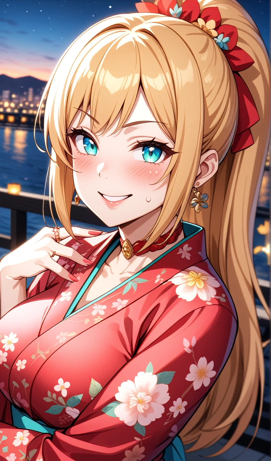((One personの女性)), Beautiful Face, ((laugh)),((Wink:1.7)), (head tilt), Laugh with your mouth wide open,((Bright red cheeks:1.4)),Shiny red lips,night,rooftop,You can see the ocean, firework,Laughing with your mouth open,Glossy pink lips,Facial lighting,((Anime style background)),masterpiece, Highest quality, so beautiful,up to date, Complex details, (Pink long nails),(ring),(bracelet),(choker),AI-generated, Complex,High resolution, Highest quality, super high quality,3D Images、3D Images,One person,Long blonde hair,High Ponytail,(turquoise blue eyes),Anime woman posing for a photo, ((Fine grain、Colorful eyes、Shining Eyes:1.3)),(Squint your eyes:1.1),a hyperRealistic , hyperRealistic , Realistic,Anime woman with long white hair, Smooth anime CG art, A woman in a colorful kimono with gold embroidery, (Pink long sleeve kimono),Red floral pattern,Long flower hair ornament,Earrings,Mature Body,(Big Breasts:1.1),Tall,Abdominal muscles,Tight waist,(Zoom up to face:1.4),(front view),