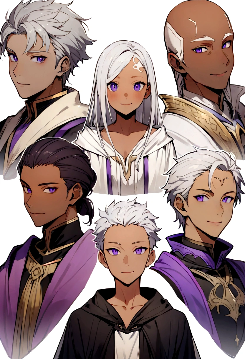 ((Highest quality)), ((masterpiece)), (((White Background))),male,(20th Generation),(Fantasy Costume),(youth),Character portrait,((Front view)),(((Character details))),Purple Eyes,Tan Skin,There are eyes on the forehead,((One person)),Are standing,Silver Hair,adult,smile