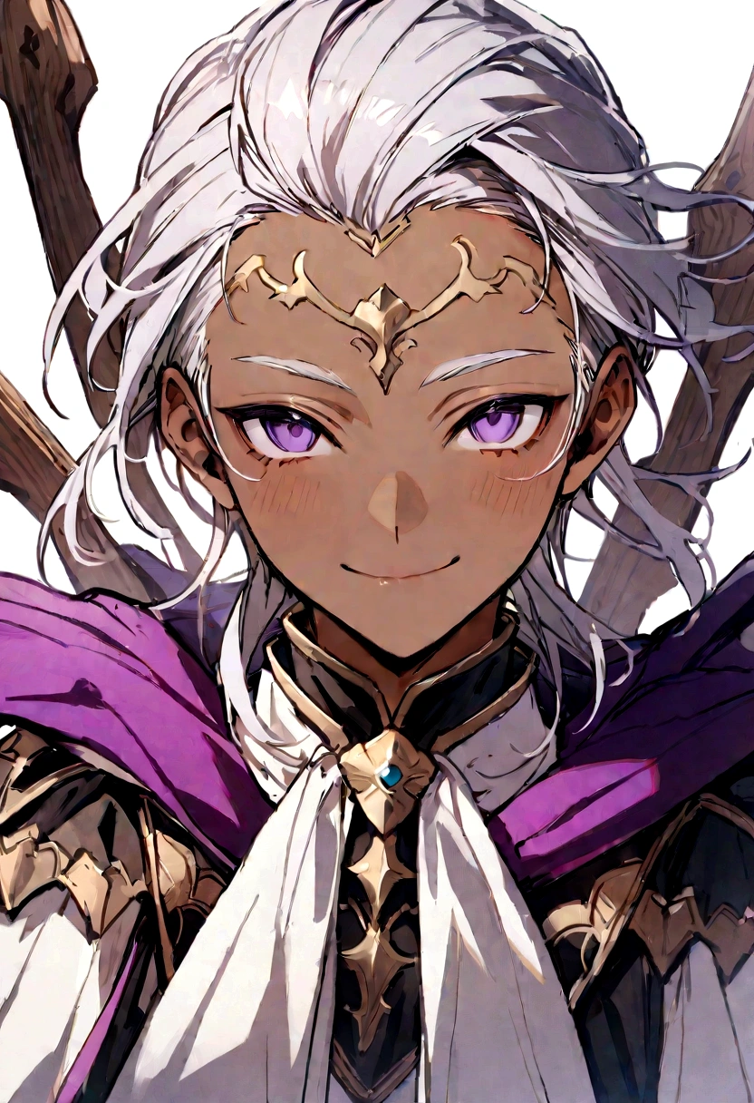 ((Highest quality)), ((masterpiece)), (((White Background))),male,(20th Generation),(Fantasy Costume),(youth),Character portrait,((Front view)),(((Character details))),Purple Eyes,Tan Skin,There are eyes on the forehead,((One person)),Are standing,Silver Hair,adult,smile