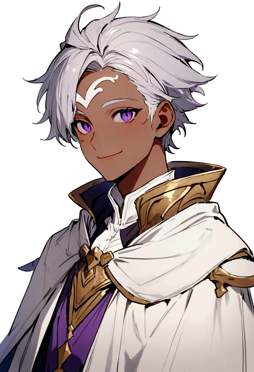 ((Highest quality)), ((masterpiece)), (((White Background))),male,(20th Generation),(Fantasy Costume),(youth),Character portrait,((Front view)),(((Character details))),Purple Eyes,Tan Skin,There are eyes on the forehead,((One person)),Are standing,Silver Hair,adult,smile