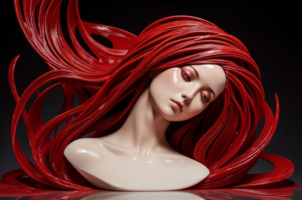 In a shocking contrast of elegance and turmoil, a Renaissance-style fragmented sculpture of an abstract form is depicted in porcelain slowly dissolving into red dark jelly. This captivating image portrays contorted in pain as the materials shift and blend. The high-quality photograph showcases the intricate details of the sculpture, from the delicate curves of her face to the flowing lines of her gown. The vibrant colors and striking imagery evoke a sense of deep emotion and artistic skill, drawing viewers into the gripping narrative of suffering and transformation.