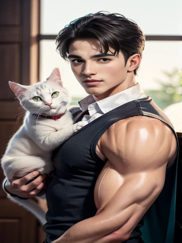 Male model holding cat in Alafid&#39;s arms, Human-cat hybridization, author：Tadashi Nakayama, Inspired by Adam Dario Kier, Tom and Jerry in real life, by Li Mei-shu, cai xukun, beautiful androgynous prince, muscular, Anime handsome, Delicate hermaphroditic prince, Handsome and stunning reality