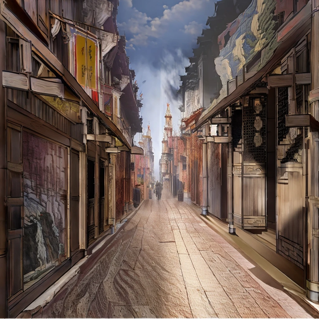 There is a painting，The picture shows a street with many buildings, Old city streets, Chinese streets, Dreamy Chinatown, Beautiful rendering of the Ming Dynasty, China Town, Traditional Chinese Concept Art, old asian village, Ancient city landscape, China Village, Anime Landscape Concept Art, old Chinese streets market, Dressed in vintage street clothes, China city, Chinese feudal background