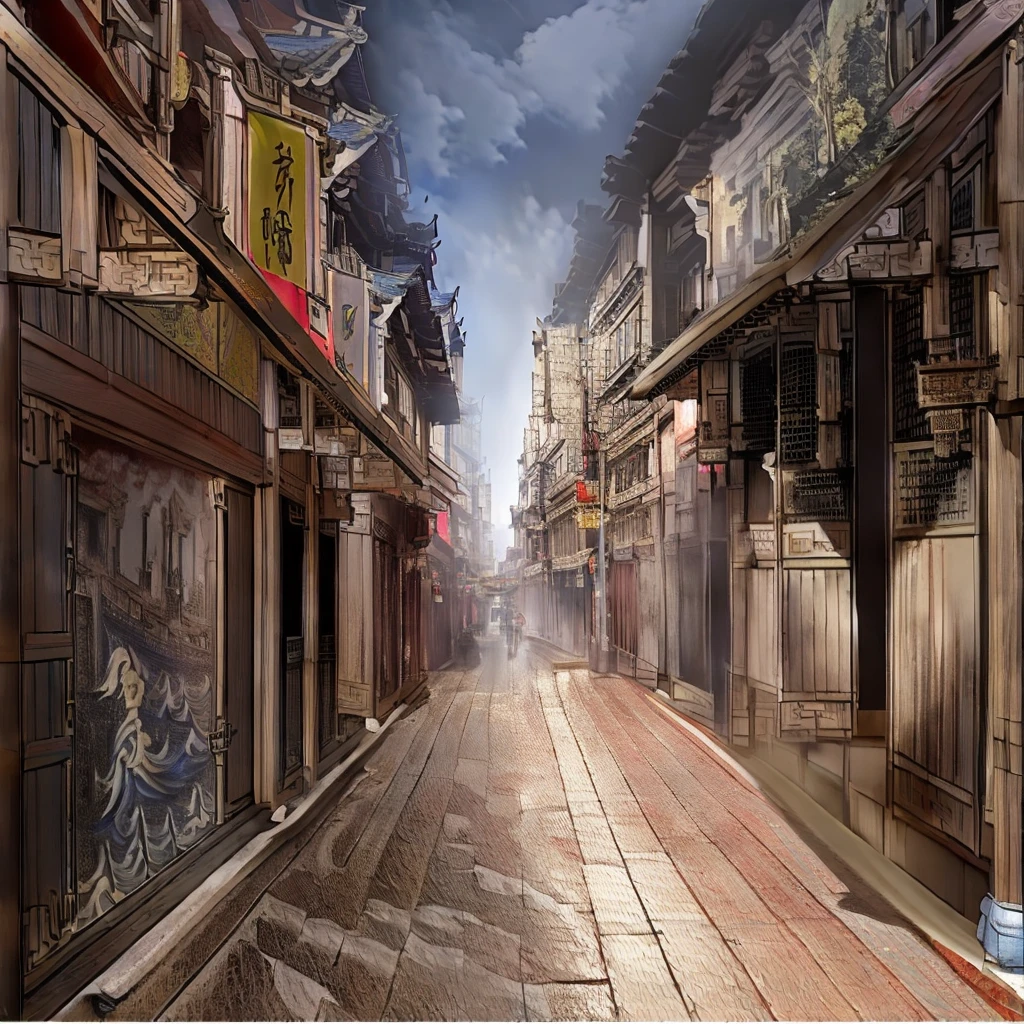 There is a painting，The picture shows a street with many buildings, Old city streets, Chinese streets, Dreamy Chinatown, Beautiful rendering of the Ming Dynasty, China Town, Traditional Chinese Concept Art, old asian village, Ancient city landscape, China Village, Anime Landscape Concept Art, old Chinese streets market, Dressed in vintage street clothes, China city, Chinese feudal background