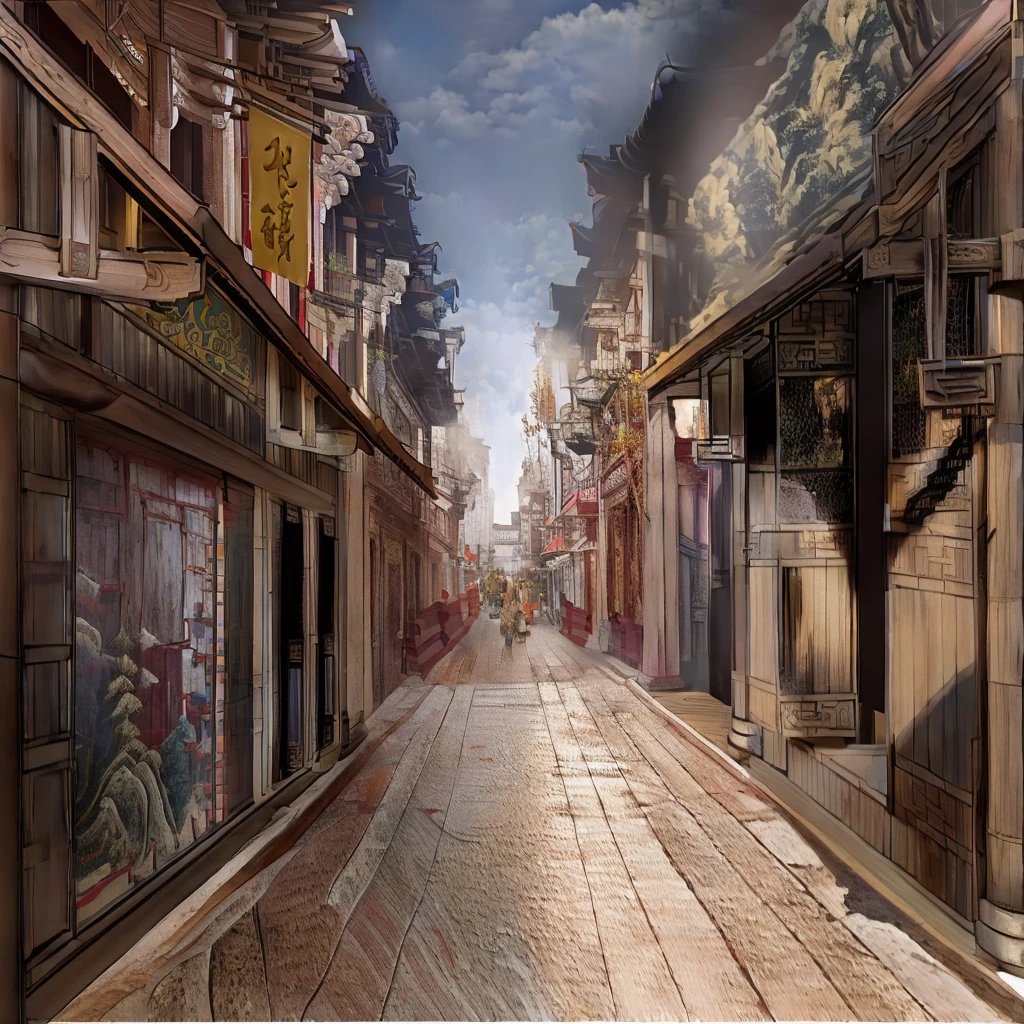 There is a painting，The picture shows a street with many buildings, Old city streets, Chinese streets, Dreamy Chinatown, Beautiful rendering of the Ming Dynasty, China Town, Traditional Chinese Concept Art, old asian village, Ancient city landscape, China Village, Anime Landscape Concept Art, old Chinese streets market, Dressed in vintage street clothes, China city, Chinese feudal background