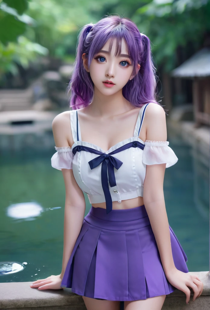 Masterpiece, best quality, ultra-high resolution, 8k resolution, delicate features, perfect face, girl, single, beauty contact lenses, student, big watery eyes, purple hair, mini skirt, hall, full body, panoramic view,