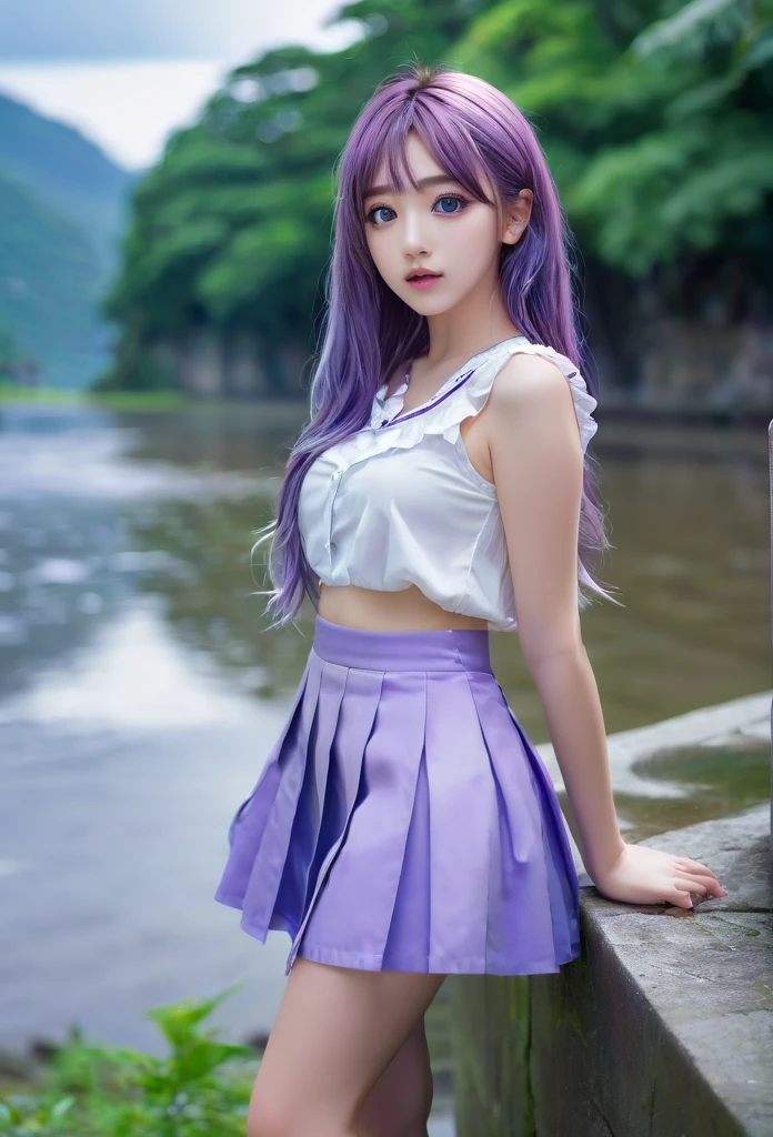 Masterpiece, best quality, ultra-high resolution, 8k resolution, delicate features, perfect face, girl, single, beauty contact lenses, student, big watery eyes, purple hair, mini skirt, hall, full body, panoramic view,