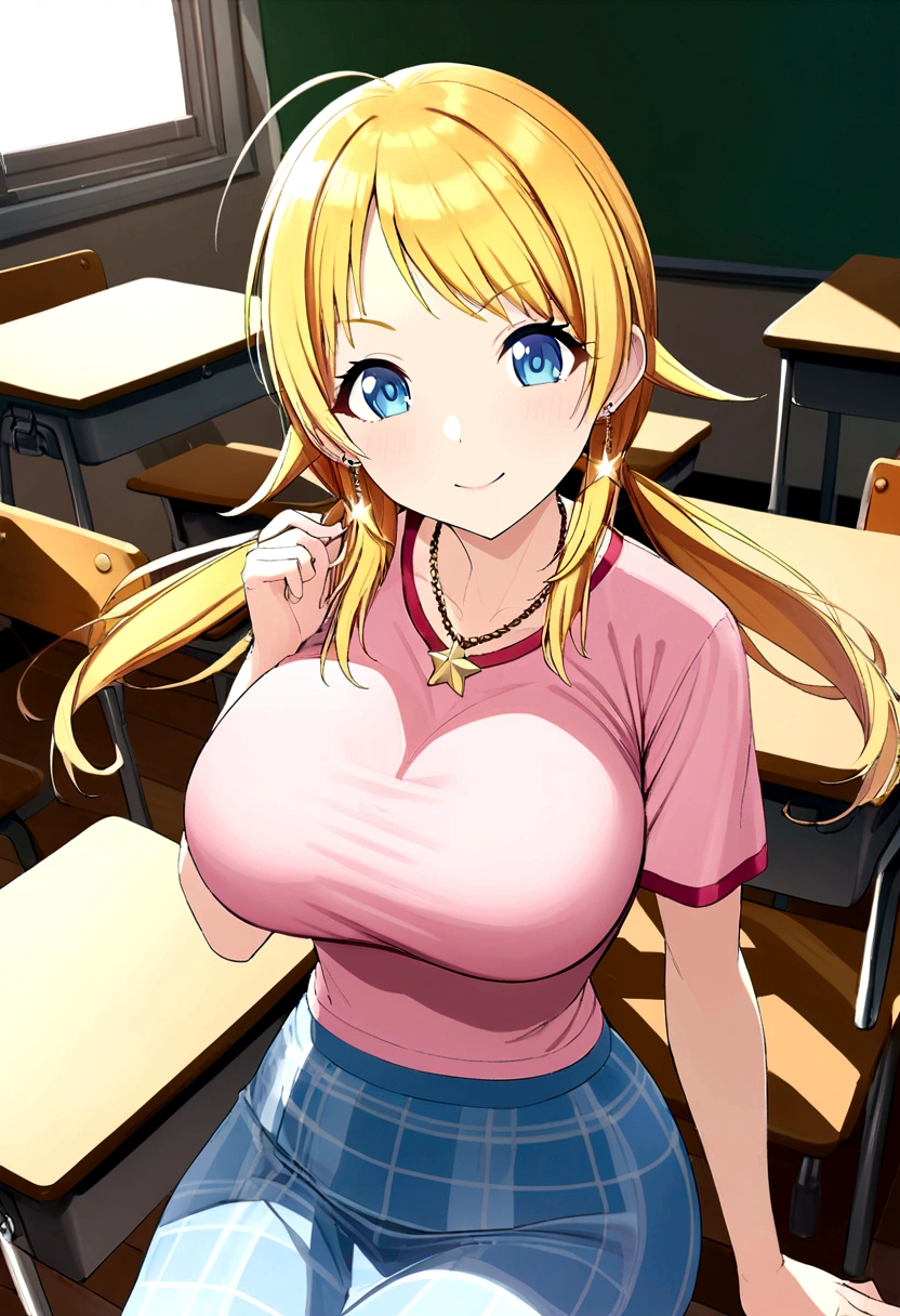 blonde Hachimiya Meguru with twintails, a very detailed face, blue eyes, very large breasts, a slim waist, slim hips, pink t-shirt, a light blue skirt, a gold star necklace, very long chain earrings to the shoulders, sitting in a class room at a school desk.