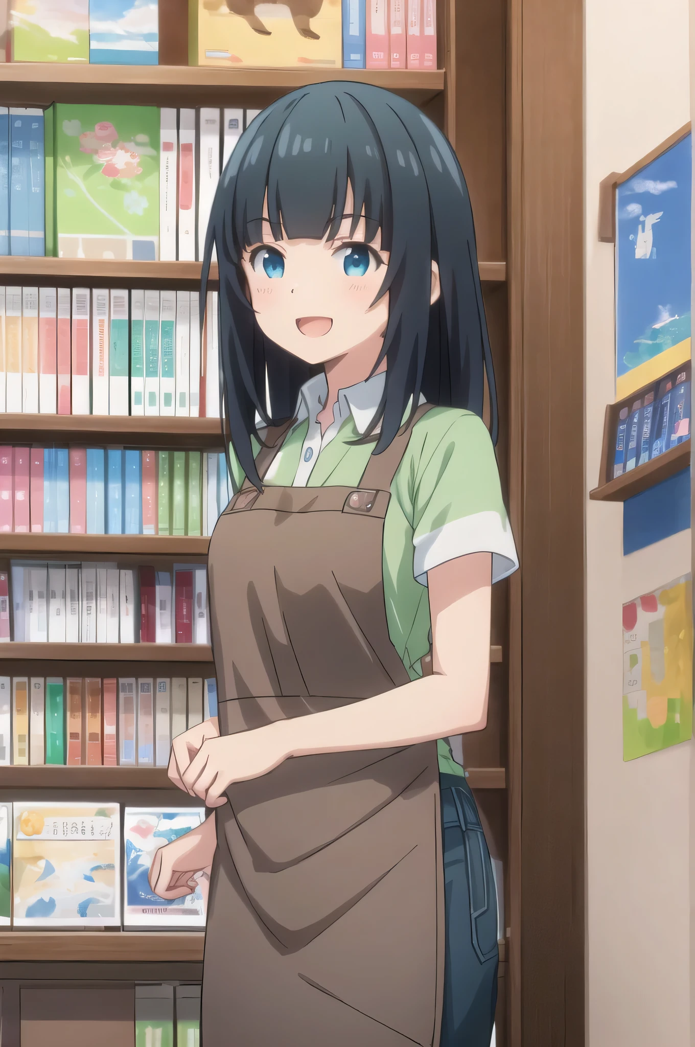 Highest quality, (masterpiece:1.2), Very detailed,
indoor, Bookshelf,
takasago tomoe,
One girl, alone, Are standing, Looking at the audience, Open your mouth, smile,
Black Hair, Long Hair, blue eyes,
Black shorts, Collared shirt, Short sleeve, Green Shirt, Striped, Brown apron