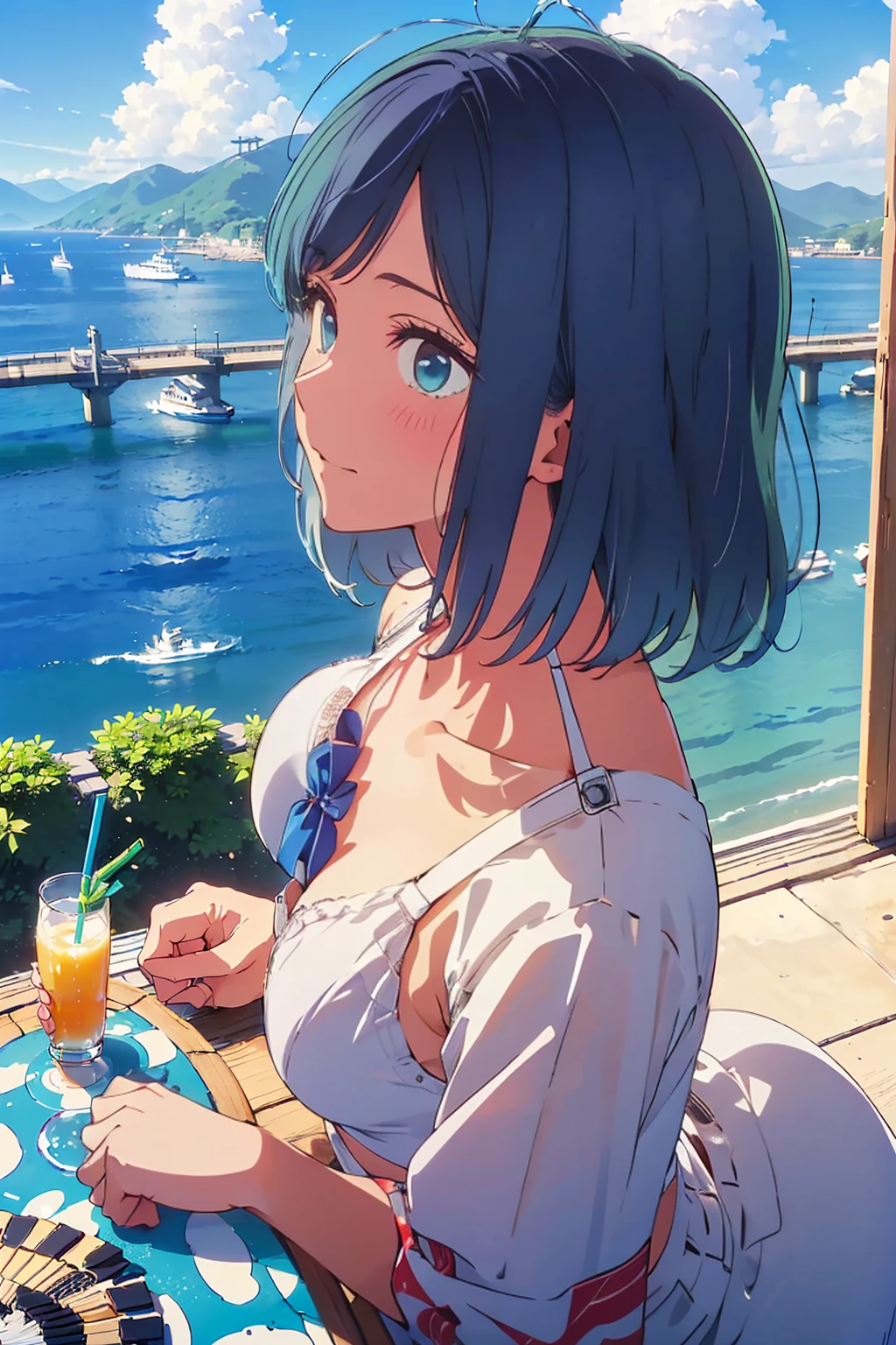 (Highest quality:1.4、8K:1.4、detailed)、F cup bust、Big Breasts、Slim body、Very white beautiful skin、((((1 person、Surprised expression、sit、Chair、In the background are the urban buildings of Tokyo、looking at the camera、Outdoor café terrace、coastal、Navy hair color、juice、Shooting up close、table、Very cute face))))、((((nude、Areola))))、(Touching cheeks with both hands pose:1.4)、Nipples、underwear、Very blue sky、A completely cloudless sky