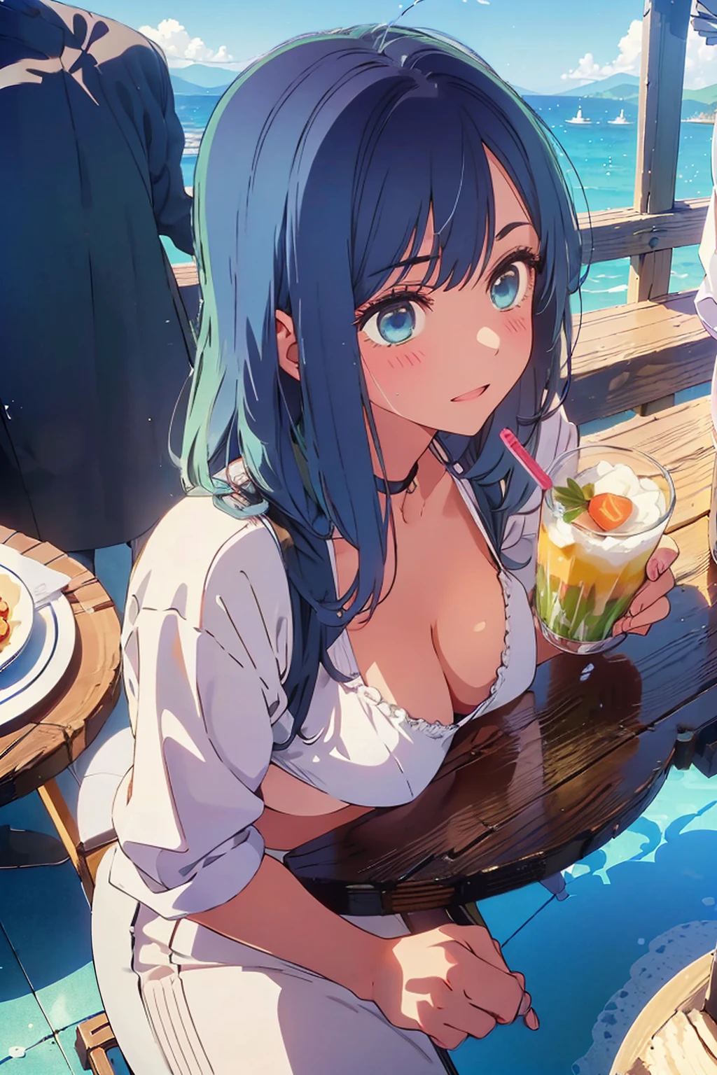 Highest quality,8k,detailed,F cup bust、Big Breasts、Slim and beautiful arms、Slim body、Very white beautiful skin、((((1 person、smile、White Bikini、smile、sit、In the background are the urban buildings of Tokyo、Outdoor café terrace、Drink juice、Cheek resting on hand、coastal、table、looking at the camera、Very cute face、Looking up、Shooting from a distance、Shot from above、Navy hair color))))、Sexy pose、Very blue sky、A completely cloudless sky、She tilted her head slightly、The atmosphere is bright and lively、The woman is at the center of the image。