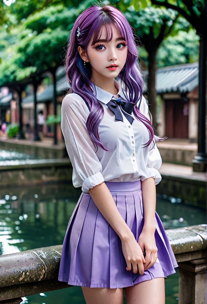 Masterpiece, best quality, ultra-high resolution, 8k resolution, delicate features, perfect face, girl, single, beauty contact lenses, student, big watery eyes, purple hair, mini skirt, hall, full body, panoramic view,