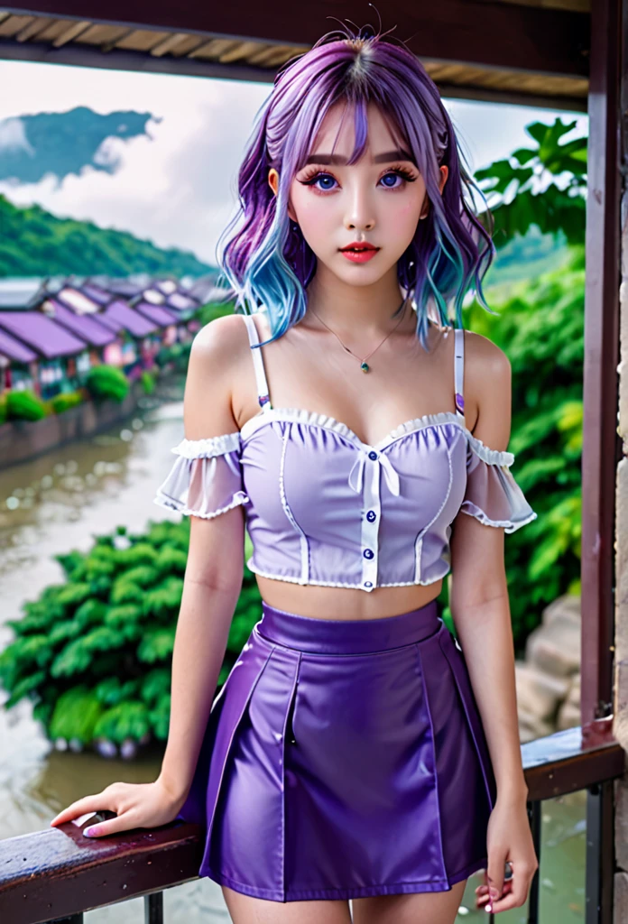 Official Art, Masterpiece, Sharp Focus, (Beautiful Gorgeous Cute Korean Woman: 1.3), (Beautiful and Cute Korean: 1.3), Korean Beauty, Delicate Beautiful Hair and Eyes and Face, Realistic, Ultra Detailed, Beautiful Girl, Blue Sky, Glowing White Particles, (Sidelighting: 1.2), Sunlight, White Clouds, Detailed Clouds, Slender, Toothy Laugh, ((Laughing with Eyes Open)), Landscape, Long Straight Hair, Sexy Facial Expressions, Architecture, (Cityscape:1.7), Dynamic Hair, Long Straight Hair, Delicate Platinum Pink Hair, Glowing Blue Eyes, (Blue Pleated Shirt + White Skirt), White Stockings, Pale Skin, Hair Accessories, Epic Landscape,