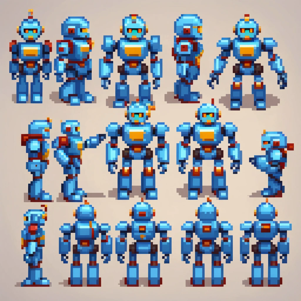 arte de pixel,arte de pixel,Crie uma planilha de design de personagem,homen robo guerreiro azul:heroi robo,((3 view,todo o corpo, Fundo,multiple views,high resolution)),multiple views,multiple poses,ativo,action pose,dynamic,legal,Obra de arte,mais alta qualidade,Em detalhe,RPG,Famicom,various characters,multiple outfits,heroi robo ,corajosamente,Cores ricas,colorida
