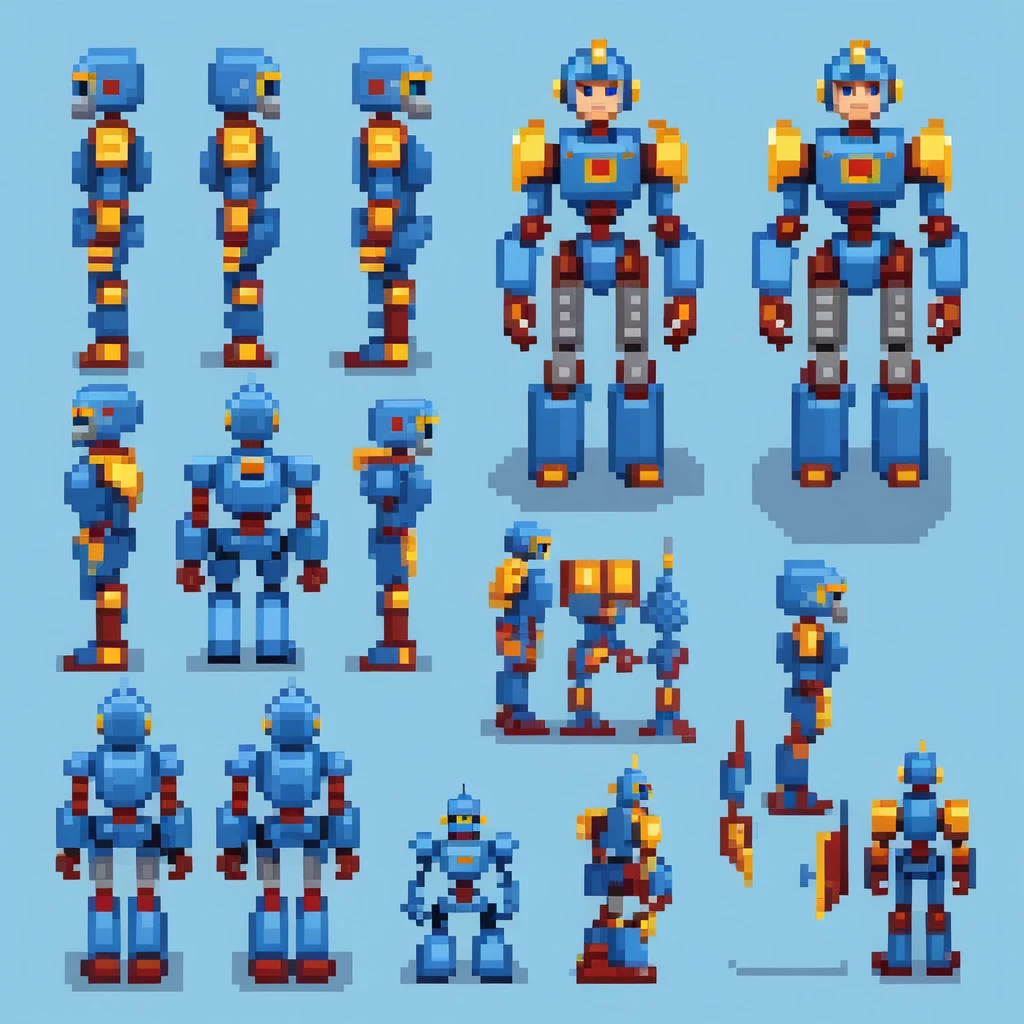 arte de pixel,arte de pixel,Crie uma planilha de design de personagem,homen robo guerreiro azul:heroi robo,((3 view,todo o corpo, Fundo,multiple views,high resolution)),multiple views,multiple poses,ativo,action pose,dynamic,legal,Obra de arte,mais alta qualidade,Em detalhe,RPG,Famicom,various characters,multiple outfits,heroi robo ,corajosamente,Cores ricas,colorida