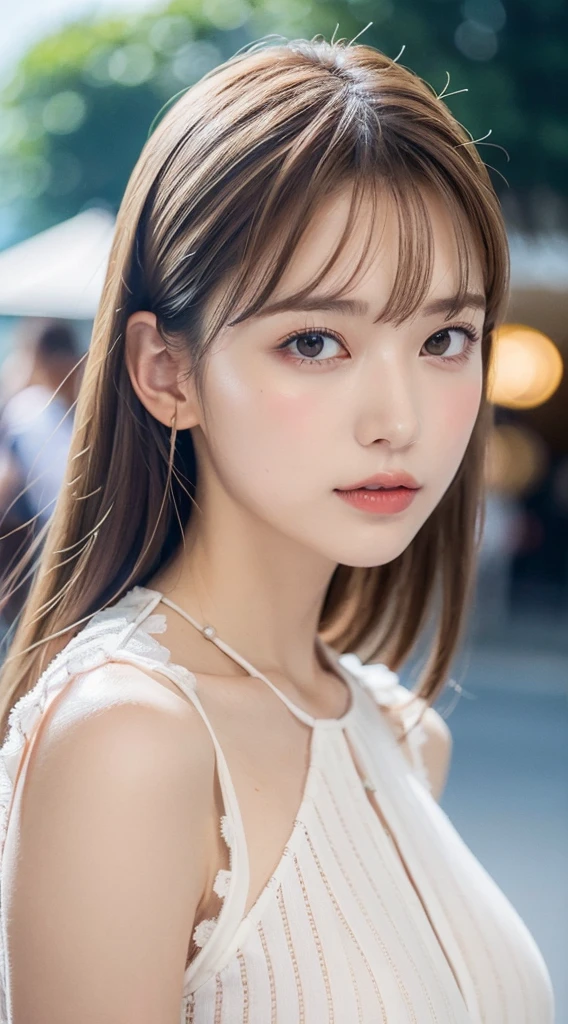 1womanl, up of face, mideum breasts, light brown hair, Blunt bangs, hair behind ear, hair over shoulder, Long hair, slender body shape, Ultra Fine Face, Thin face, Delicate lips, Beautiful eyes, thin blush, eyes are light brown, perfect glossy skin, flawless skin, Glistening sweat,View here, Ultra-thin hands, Ultra-fine fingers, best ratio four finger and one thumb, (realisitic:1.3), See-through white blouse. An amusement park, One-person viewpoint, Fuji Film, F/1.2, 8K, masutepiece, nffsw, Super Detail, High quality, Best Quality, hight resolution