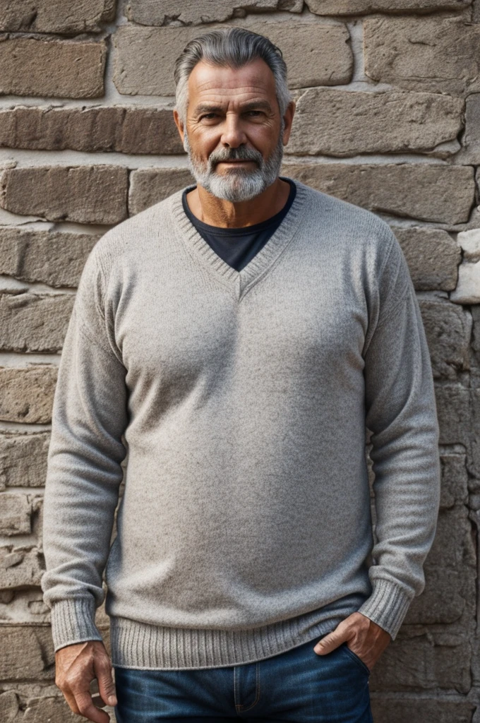 Homme , pull gris , gros , calvitie 50 ans