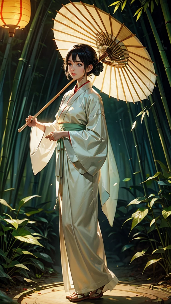 Bamboo forest, bamboo leaves falling, hazy, white hanfu, sexy, oil-paper umbrella, lantern, folding fan, dynamic perspective, movie lighting, volumetric lighting,detailed eyes,d etailed hands, detailed face, full body
