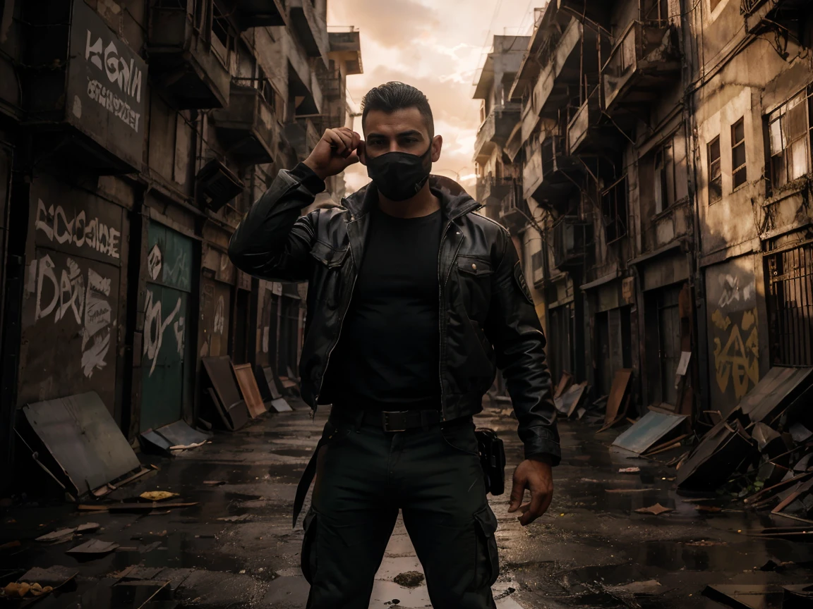 Create an image of a muscular character standing in a grassy field at night. torso descubierto, The character is wearing an very big open jacket, revealing their defined body. The jacket has red cuffs, and the character is wearing dark pants. Their face is partially covered with a mask, giving them a mysterious and threatening appearance. The lighting is dim, adding to the dark and enigmatic atmosphere, fighting pose. Un hombre muy musculoso, fisicoculturismo, and strong constitution. He has a well-defined jaw and a serious expression, doesn't look at the camera. Su piel es clara, y tiene barba corta. karateka, pants, chaqueta gruesa abierta mostrando su torso bien definido, hermoso rostro,lleno de luz,Una mirada decidida, corte militar, gorra militar o casco de constructor, ruso, apocalyptic city background, luchando contra zombies, punches against zombies, torso peludo, cara mirando a otro lado, no background vacío