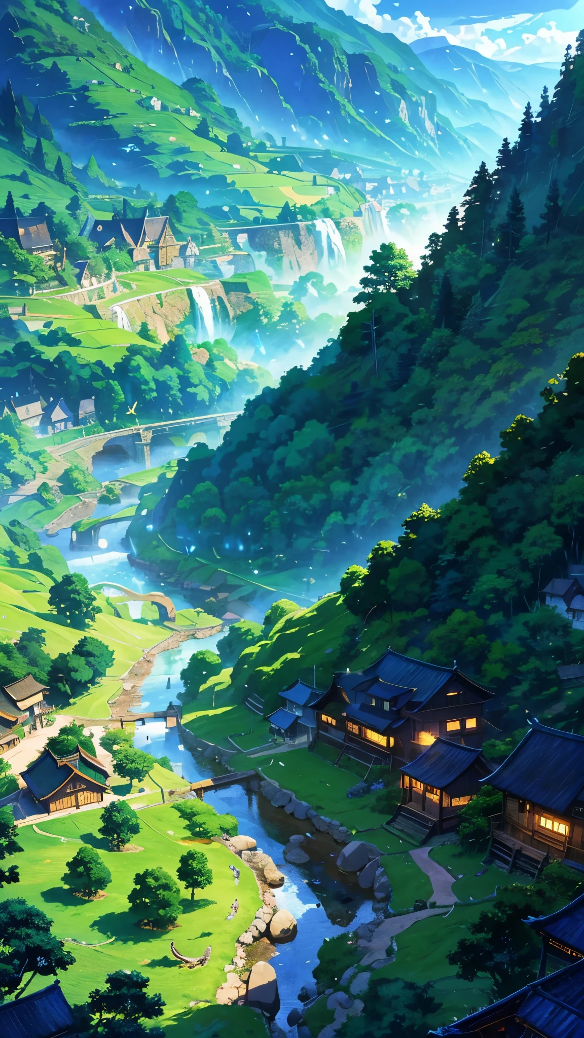 A detailed anime-style village landscape, rolling hills, winding river, lush green trees, wooden houses, cobblestone paths, birds flying in a vast blue sky, dramatic lighting, fantasy atmosphere, cinematic composition, vibrant colors, digital painting style
