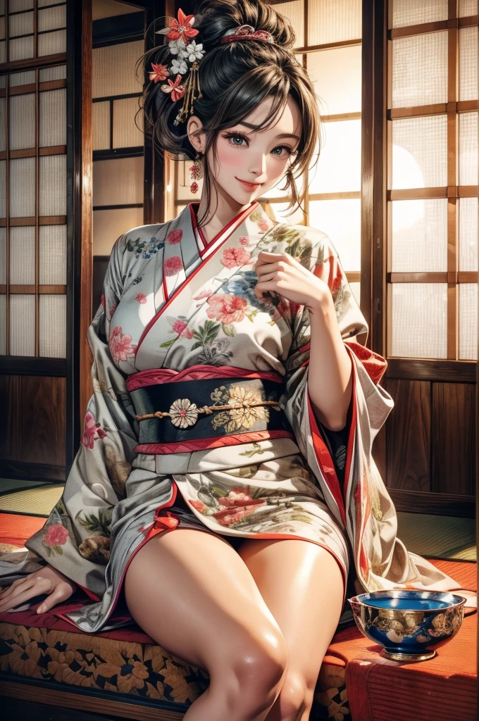 Have a look at this、Narrow Japanese-style room、Wooden plank wall、sit on tatami、Shiny kimono、Beautiful 30 year old woman、The wall is close、足を折り曲げてsit on tatami、Smiling Kindly、There is a teacup on the table.、There is a Japanese sword、The thighs are exposed、Cute、smile、There is a teacup on the table.