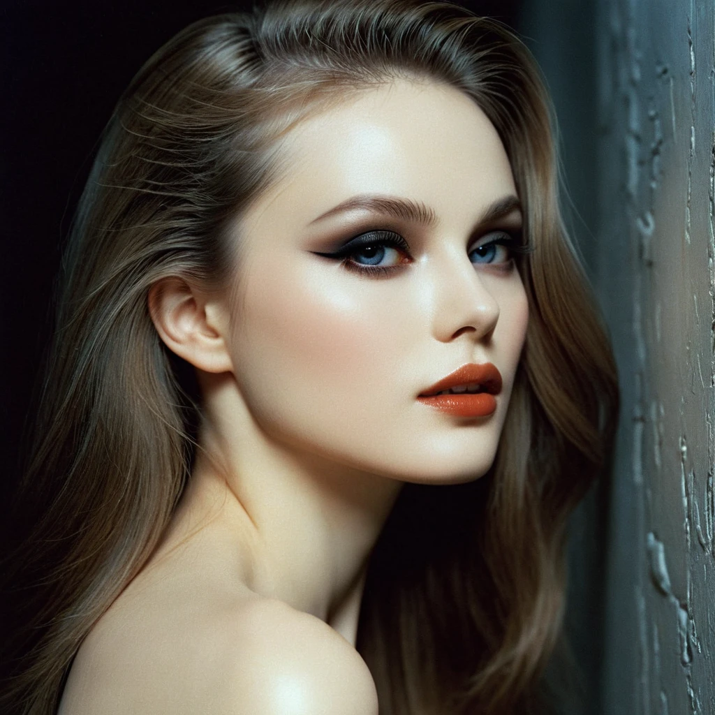 Photograph by Serge Lutens (1.8), pale skin, evil slavic woman, long dark blond hair, in profile, wide angle dim atmosphere, stunning, modern, dark, clean, artsy indoor surrounding, casting a dreamlike atmosphere eyes reflect some light, Shiseido-style Vogue-Style 1990s style and setting Various gentle half body poses and angles Consistent facial and body features Photorealistic and highly detailed Artistic and evocative High-quality finish Ensuring vibrant, detailed features Technical details: wide angle lens Selective focus with Kodak film effect: 1.2 Shallow depths of field