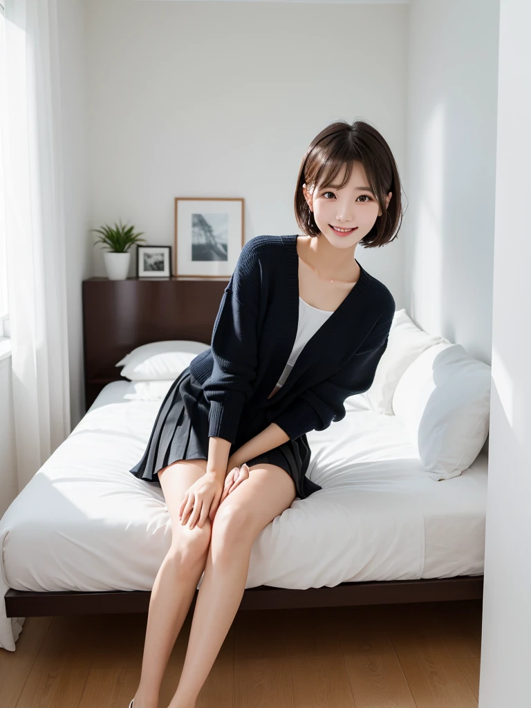 (Highest quality、masterpiece:1.9)、((Neat and clean female college student、1 person))、Soft lighting by a professional photographer、Natural light、((Very spacious white luxurious room:1.6))、((Bright white room:1.6))、(Sitting on a very luxurious white bed:1.2)、(White Bookcase:1.1)、Natural soft light、((Black Hair:1.1))、Fair skin、Detailed Eyes、double eyelid、Slightly puffy cheeks、((Small Face:1.0))、((Check One Piece、Grey mini skirt、Please wear it with the chest open.:1.1))、(smile)、((Girly pose 1.8))、High resolution,、((Short Hair:1.2))、((Full Body Shot:1.2))、Live-action image quality、((Height: 150cm))、Hands in front、Hide your hands between your legs、(bangs:1.1)、