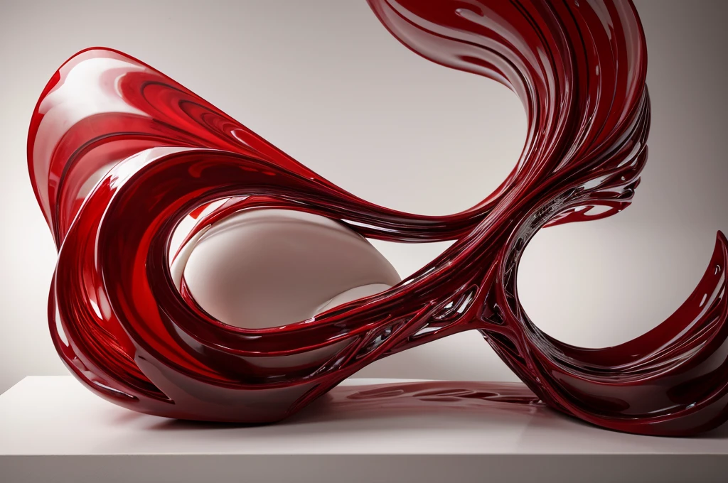 In a shocking contrast of elegance and turmoil, a Renaissance-style fragmented sculpture of an abstract form is depicted in porcelain slowly dissolving into red dark jelly. This captivating image portrays contorted in pain as the materials shift and blend. The high-quality photograph showcases the intricate details of the sculpture, from the delicate curves of her face to the flowing lines of her gown. The vibrant colors and striking imagery evoke a sense of deep emotion and artistic skill, drawing viewers into the gripping narrative of suffering and transformation.