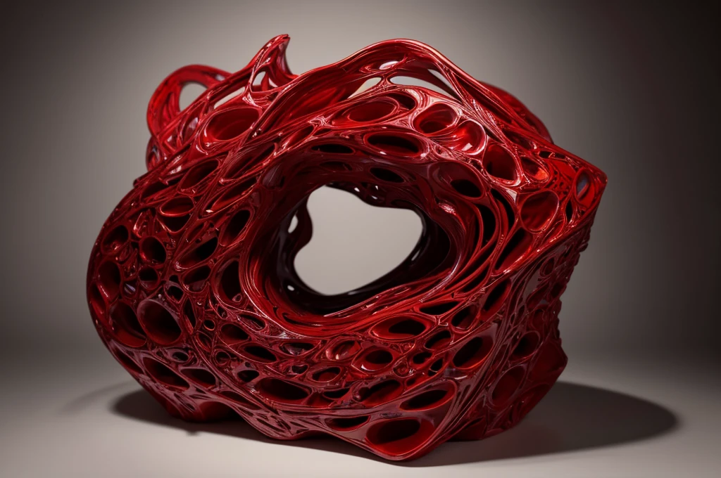 In a shocking contrast of elegance and turmoil, a Renaissance-style fragmented sculpture of an abstract form is depicted in porcelain slowly dissolving into red dark jelly. This captivating image portrays contorted in pain as the materials shift and blend. The high-quality photograph showcases the intricate details of the sculpture, from the delicate curves of her face to the flowing lines of her gown. The vibrant colors and striking imagery evoke a sense of deep emotion and artistic skill, drawing viewers into the gripping narrative of suffering and transformation.